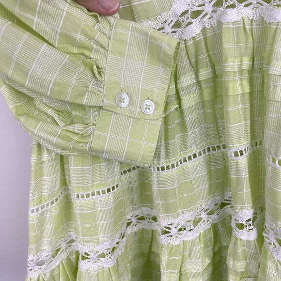 Free People Time Out Tunic Top Size S Lime Green Plaid Crochet Lace Boho Prairie - Picture 6 of 10
